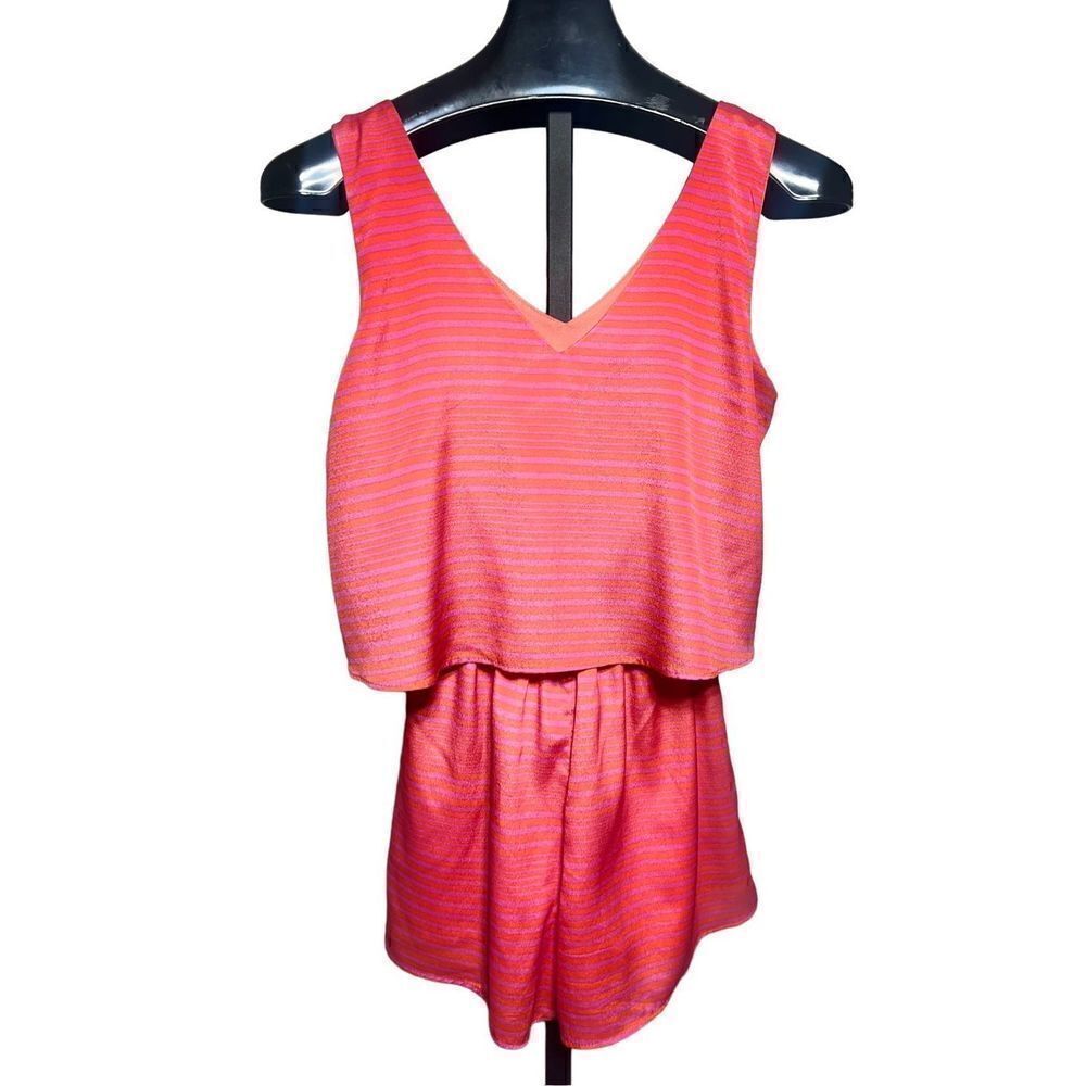 The Impeccable Pig Sleeveless Silky Striped Romper Size Small Pink and Orange
